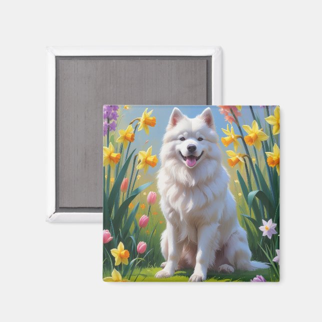 Imã Pintura de Flores de Primavera do Cão Samoyed  (Front/Back)
