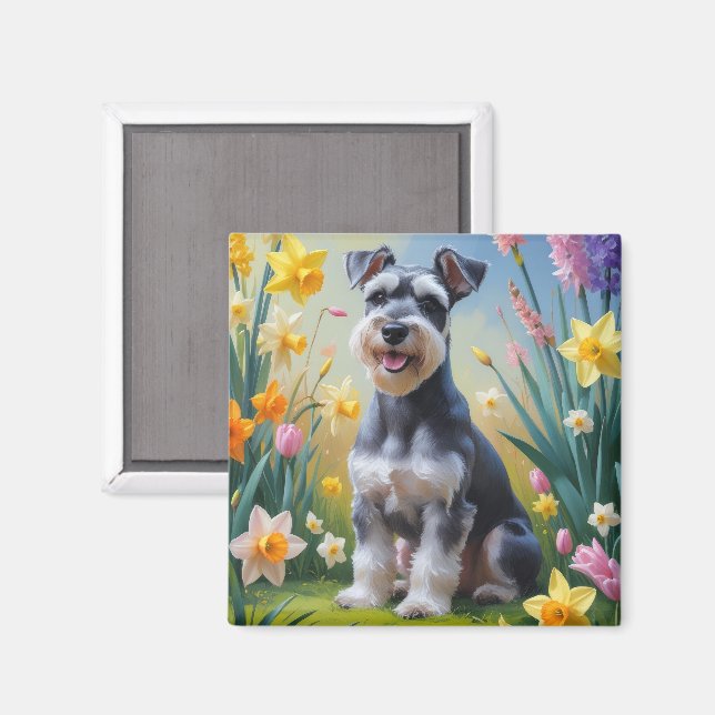 Imã Pintura de Flores de Primavera do Cão Schnauzer (Front/Back)