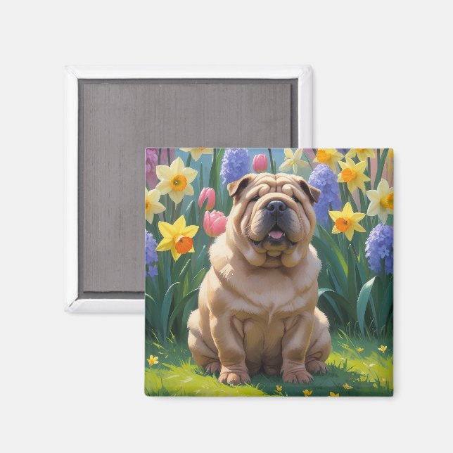 Imã Pintura de Flores de Primavera do Cão Shar Pei (Front/Back)