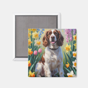 Imã Pintura de flores de primavera do cão Springer Spa