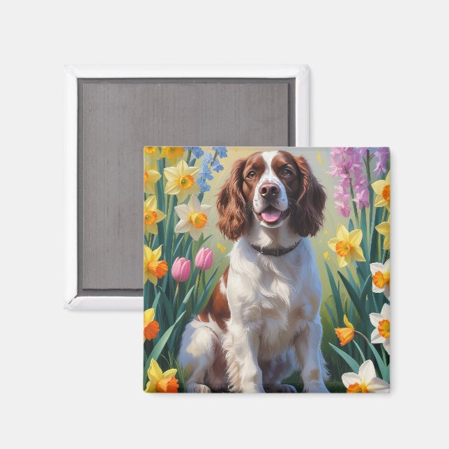 Imã Pintura de flores de primavera do cão Springer Spa (Front/Back)