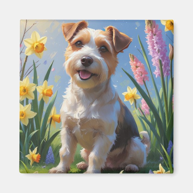 Imã Pintura de Flores de Primavera do Cão Terrier Biew (Frente)