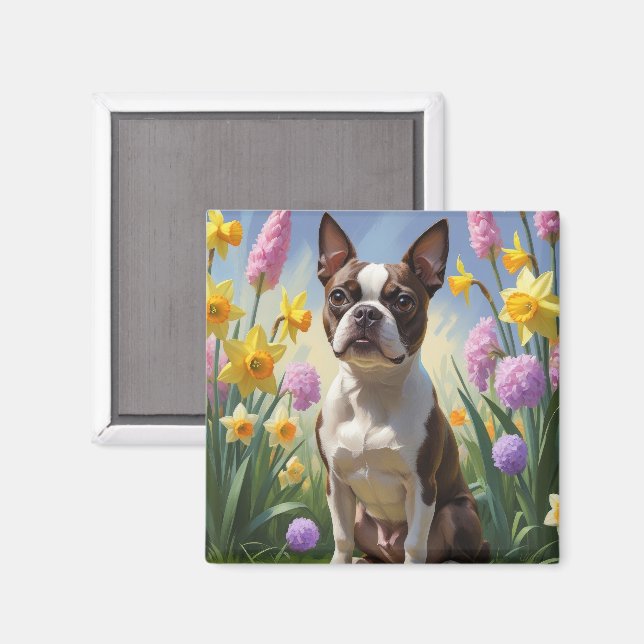 Imã Pintura de Flores de Primavera do Cão Terrier de B (Front/Back)