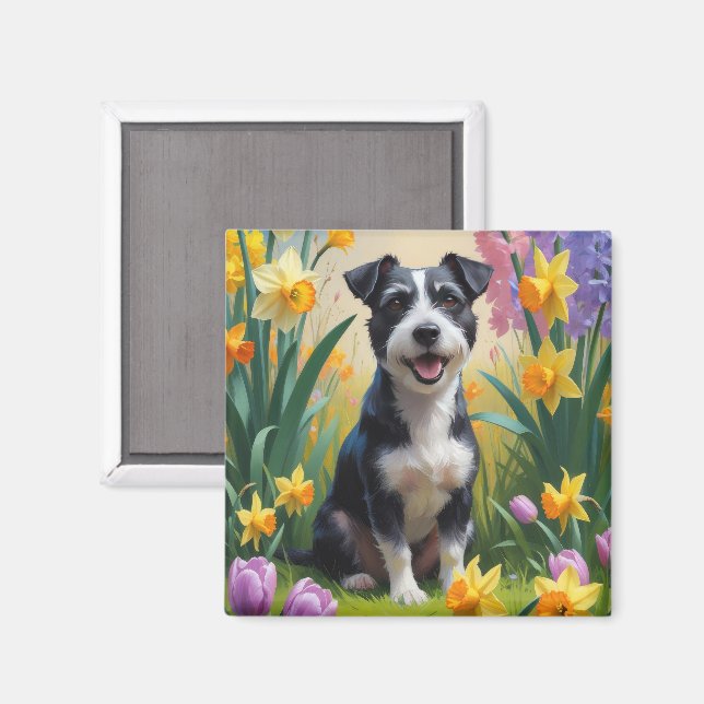 Imã Pintura de Flores de Primavera do Cão Terrier Rato (Front/Back)