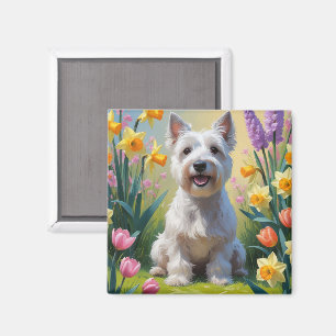 Imã Pintura de Flores de Primavera do Cão Terrier Skye