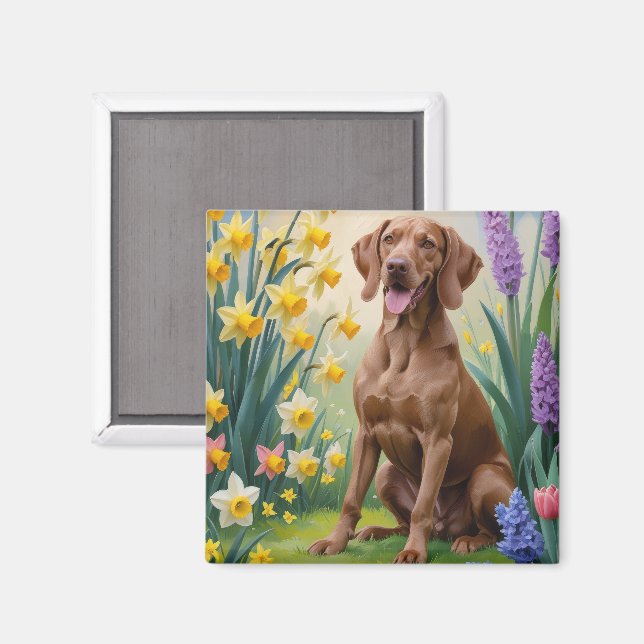 Imã Pintura de Flores de Primavera do Cão Vizsla (Front/Back)