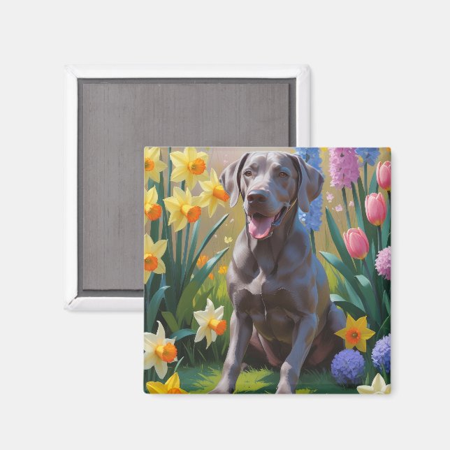 Imã Pintura de Flores de Primavera do Cão Weimaraner  (Front/Back)