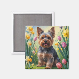 Imã Pintura de flores de primavera do cão Yorkshire Te
