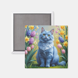 Imã Pintura de Flores de Primavera do Gato Azul Russo