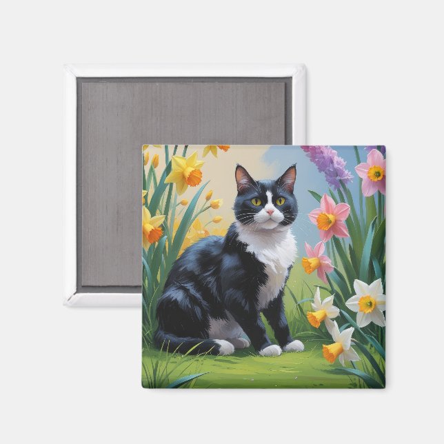 Imã Pintura de Flores de Primavera do Gato Smoking  (Front/Back)
