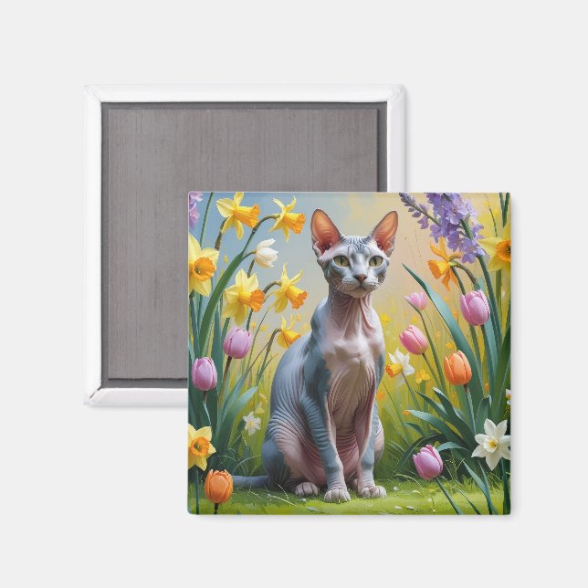 Imã Pintura de Flores de Primavera do Gato Sphynx (Front/Back)