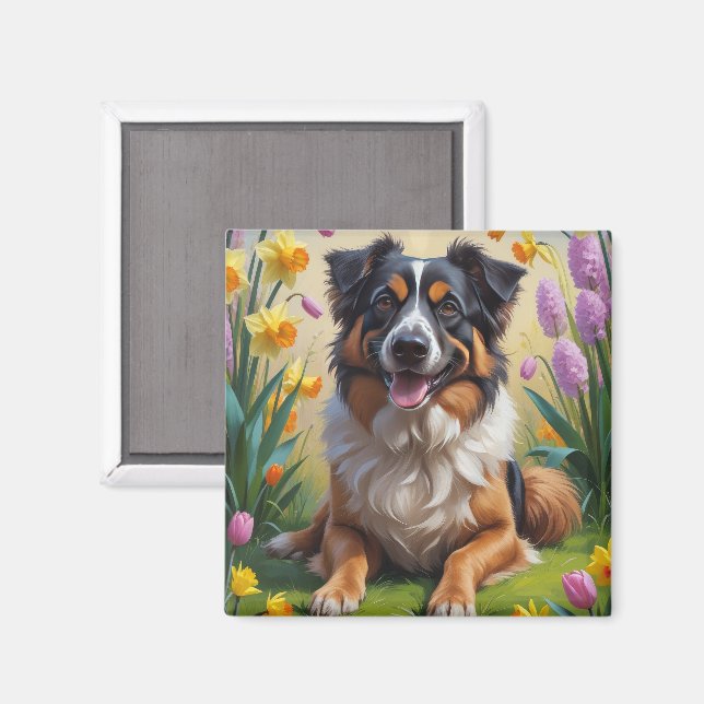 Imã Pintura de Flores de Primavera do Pastor Belga (Front/Back)