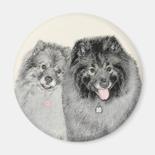 Imã Pintura de Keeshond, Mãe e Filho - Arte Original 