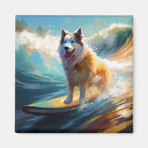 Imã Pintura de Malamute do Alasca Surfando na Praia