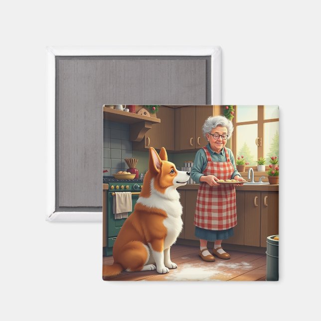 Imã Pintura de Natal da Corgi Assando com a Vovó (Front/Back)