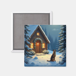 Imã Pintura de Natal de Cabana na Floresta Nevada com 