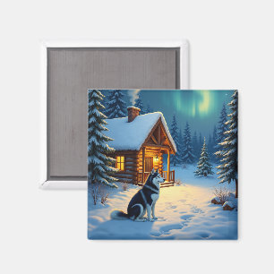 Imã Pintura de Natal de Cabana Nevada com Husky Siberi