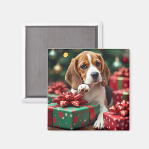 Imã Pintura de Natal do Beagle Envolvendo Presentes
