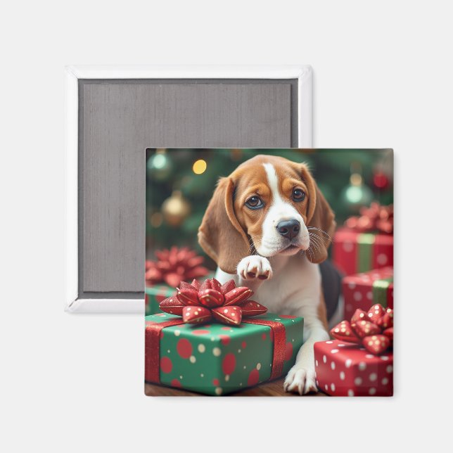 Imã Pintura de Natal do Beagle Envolvendo Presentes (Front/Back)