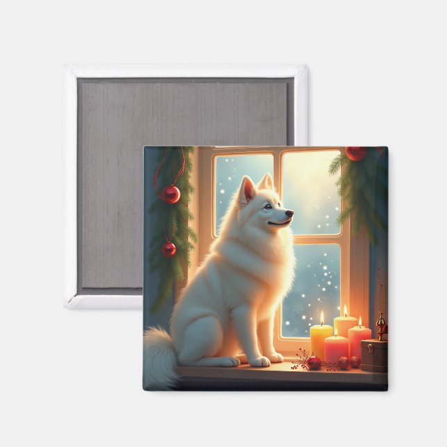 Imã Pintura de Natal do Samoyed sob o Azevinho (Front/Back)