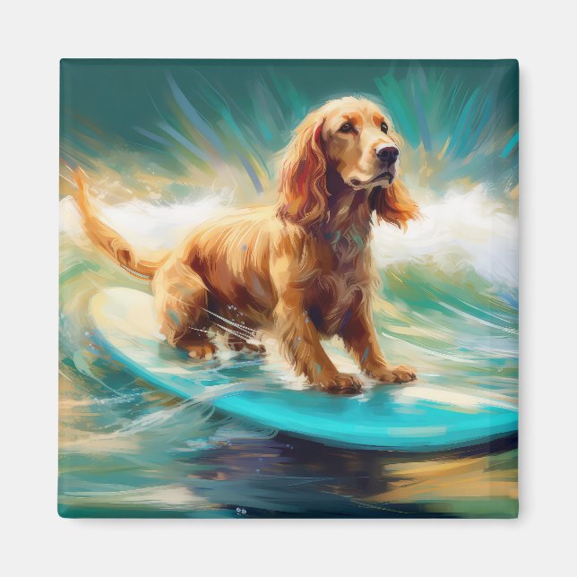Imã Pintura de surf em praia em Cocker Spaniel (Frente)