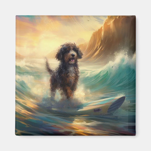 Imã Pintura de surfe na praia de Bernedoodle (Frente)