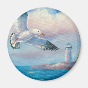 Imã Pintura de uma gaivota que voa perto de um farol