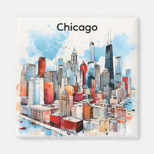 Imã Pintura em Aquarela da Cidade de Chicago
