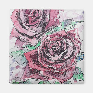 Imã Pintura Floral de Flores de Aquarela de Rosa Verme