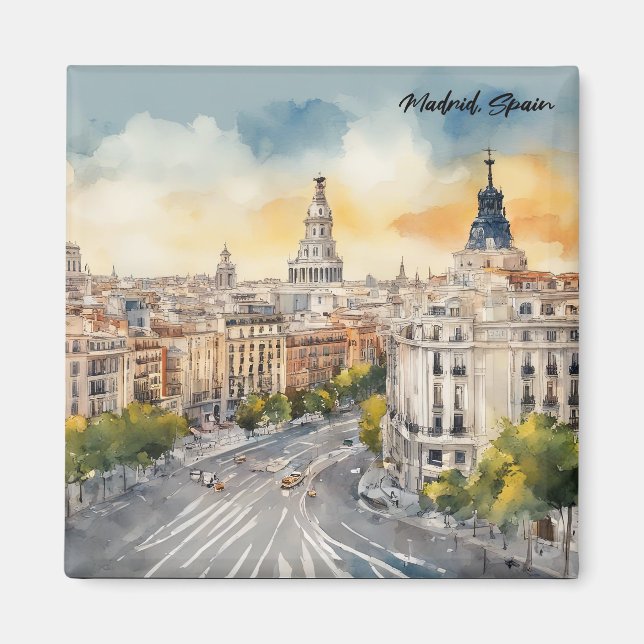 Imã Pintura por Aquarela da cidade de Espanha Madrid (Frente)