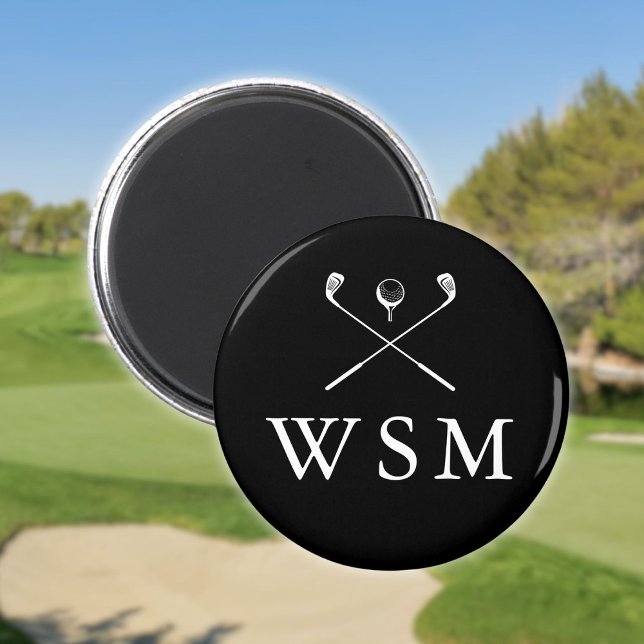 Imã Pistas De Golfe De Monograma Personalizado Preto E (Black And White Custom Monogram Golf Clubs Magnet)