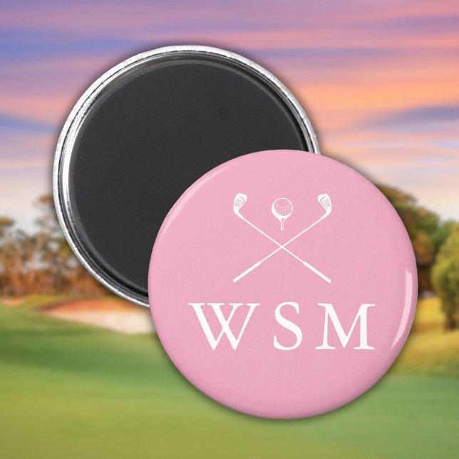 Imã Pistas de Golfe do Monograma Personalizado Rosa (Pink Personalized Monogram Golf Clubs Magnet)
