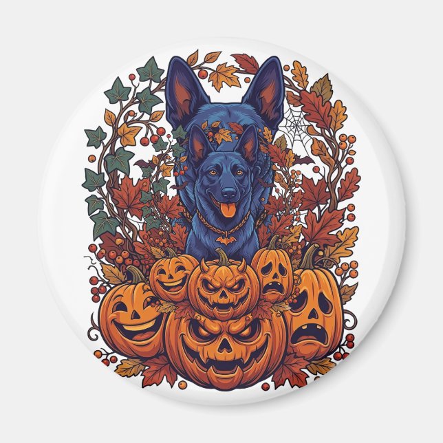 Imã Pitbull Azul Abóboras de Halloween Folhas de Outon (Frente)