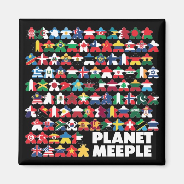 Imã Planet Meeple, White Text Square Magnet (Frente)