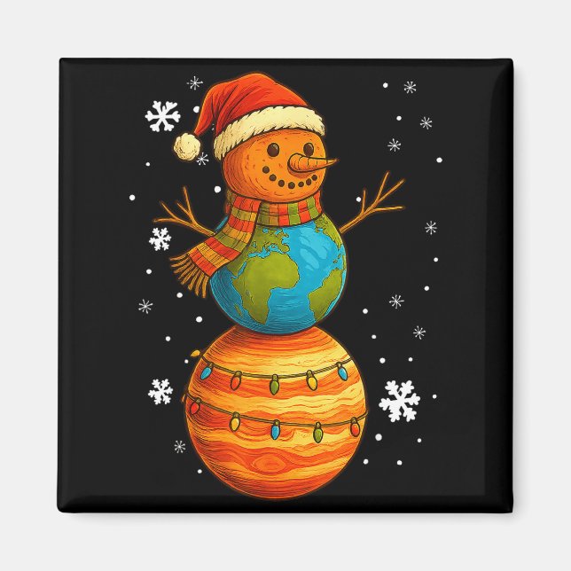 Imã Planet Snowman Earth Saturn Christmas Holiday Art  (Frente)