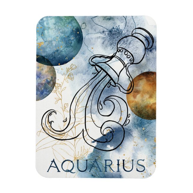 Ímã Planetas de texto em ouro negro azul Aquarius zodi (Vertical)