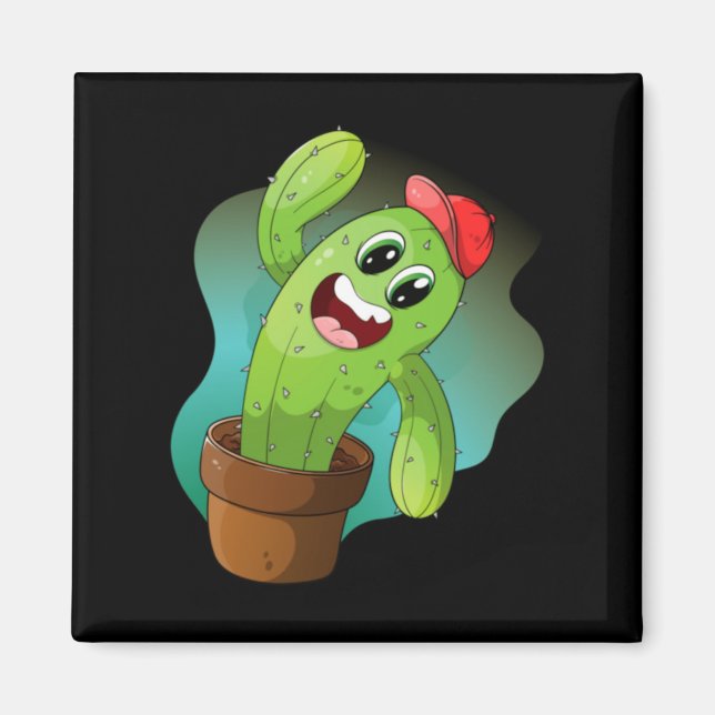 Imã Planta de Cacto de Desenho Animado Feliz (Frente)