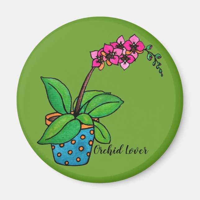 Imã Planta De Orquídea De Aquarela Em Belo Pote (Frente)