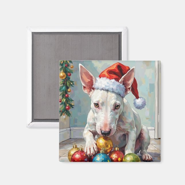Imã Playful Bull Terrier Dog Guarding Christmas (Front/Back)