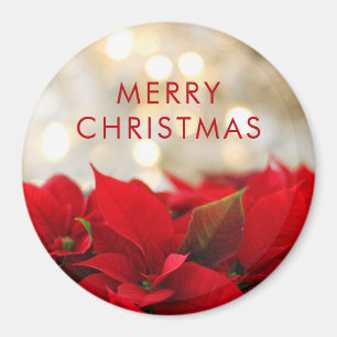 Imã Poinsétias vermelhas com Natal dourado de Bokeh