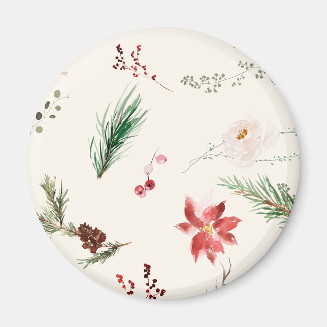 Imã Poinsettia de Inverno Boho com Pinheiro e Folhagem (Frente)