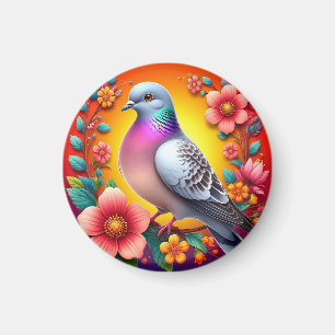 Imã Pombo Colorido Rodeado por Flores Vibrantes