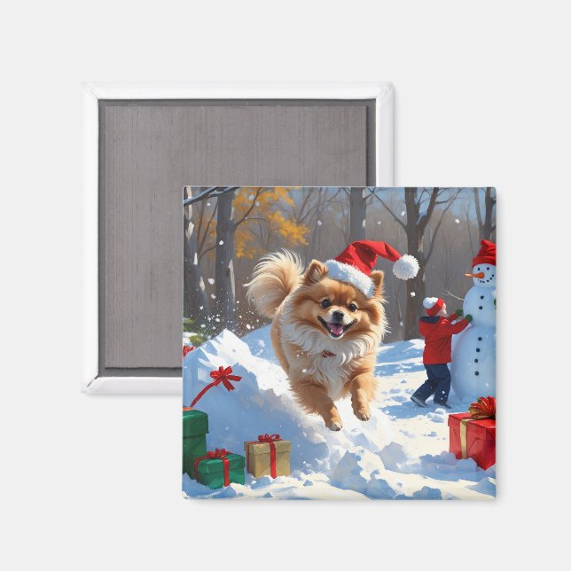 Imã Pomerânia Correndo na Neve com Chapéu de Natal (Front/Back)