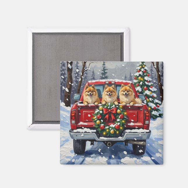 Imã Pomeranian Christmas Red Truck Holiday Gift (Front/Back)