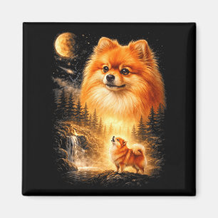 Imã Pomeranian uivando para a lua vintage místico do