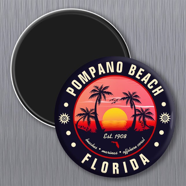 Imã Pompano Beach Florida Retro Sunset Souvenir (Criador carregado)