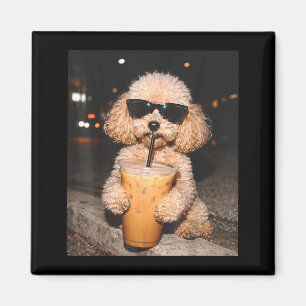 Imã Poodle bebendo café gelado meme de cachorro engraç