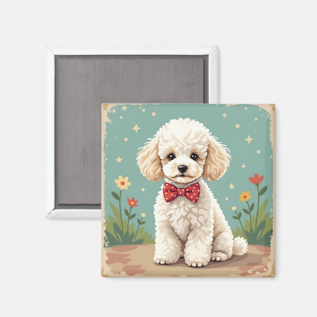 Imã Poodle branco adorável com gravata borboleta (Front/Back)