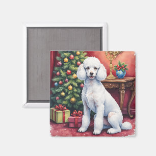 Imã Poodle Elegante ao Lado da Árvore de Natal Cachorr