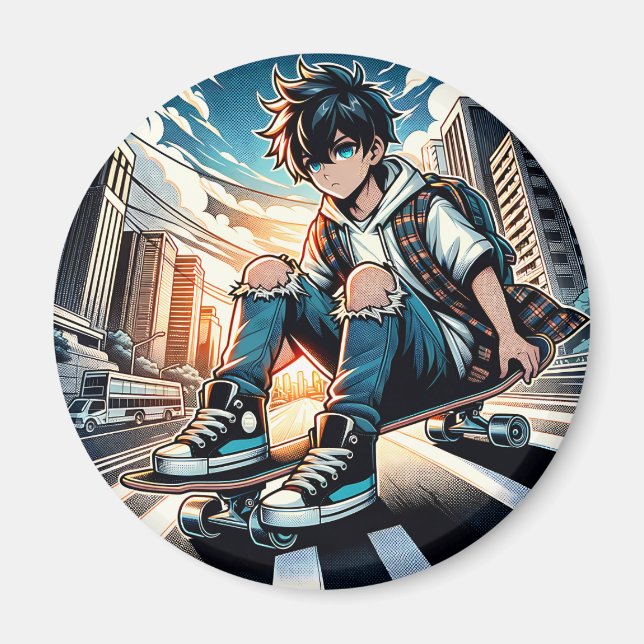 Imã Pop Art Boy no skate na cidade (Frente)